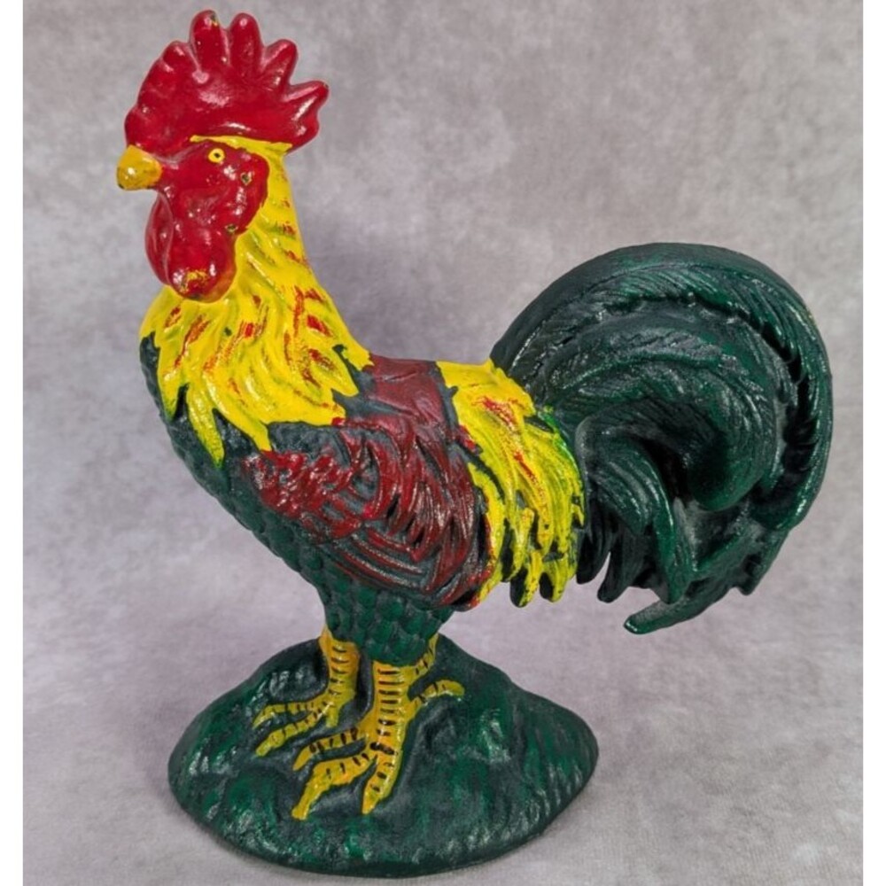 Cast Iron Hand Painted Rooster Chicken Hen Doorstop Green Red Yellow 9 Inch Tall